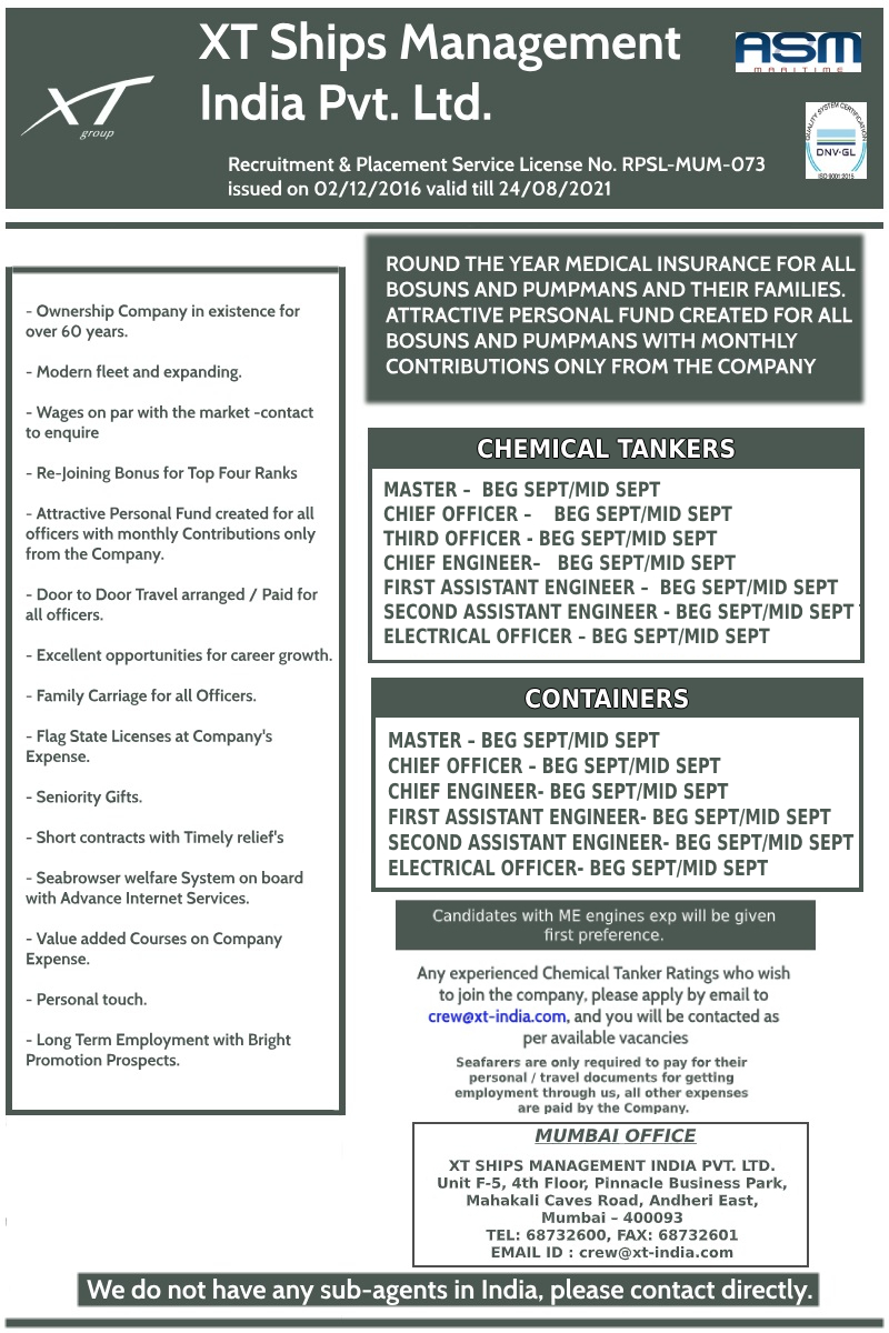 Advertisement of XT SHIPS MANAGEMENT INDIA PVT LTD