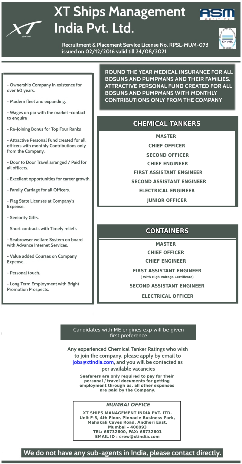 Advertisement of XT SHIPS MANAGEMENT INDIA PVT LTD